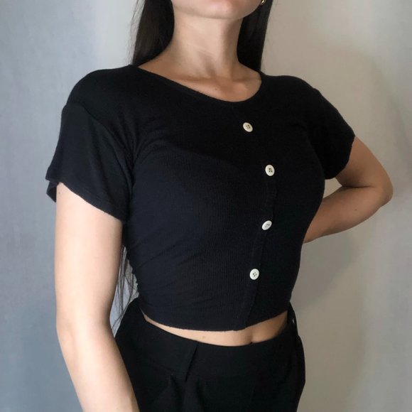 Black Ribbed Crop Top with White Buttons - Picture 2 of 6